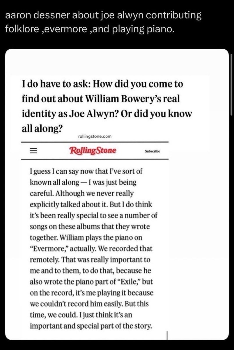 lvijeo's tweet photo. “Thank you so much to Joe for your brilliant writing and collaboration on
the folklore and evermore — and for your friendship and spirit which
have been a huge part of this unforgettable time” aaron dessner about joe alwyn https://t.co/vk8S60xoK8