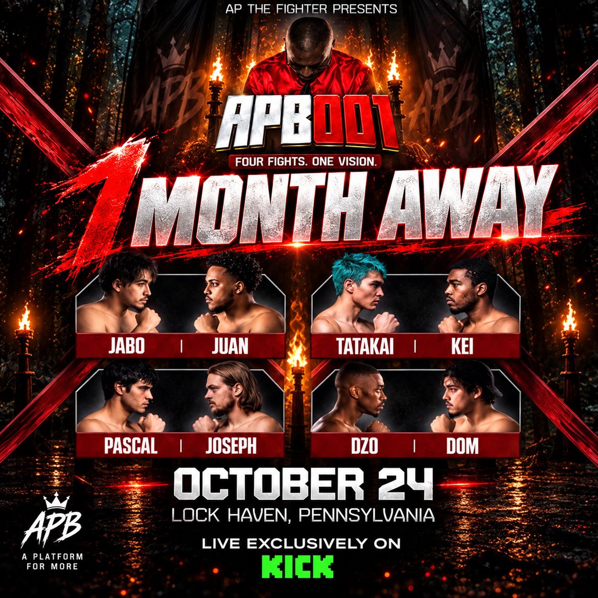 ap_the_fighter's tweet photo. ONE MONTH OUT. 🔥🥊

On October 24, APB001 comes to Lock Haven, Pennsylvania. Eight fighters enter our tournament, and four opening-round matchups will decide who moves one step closer to the final.

Jabo vs. Juan. Tatakai vs. Kei. Pascal vs. Joseph. DZO vs. Dom.

Every fighter has something to prove. Every matchup has a story. And when the first bell rings, the talking stops.

AP Boxing was built to give fighters a platform to show what they can do and earn their next opportunity. This is where that vision starts becoming real.

Four fights. One vision. One month to go.

APB001 — October 24. Live on Kick https://t.co/uqwdB27AV7

Which fight are you looking forward to most? 👇