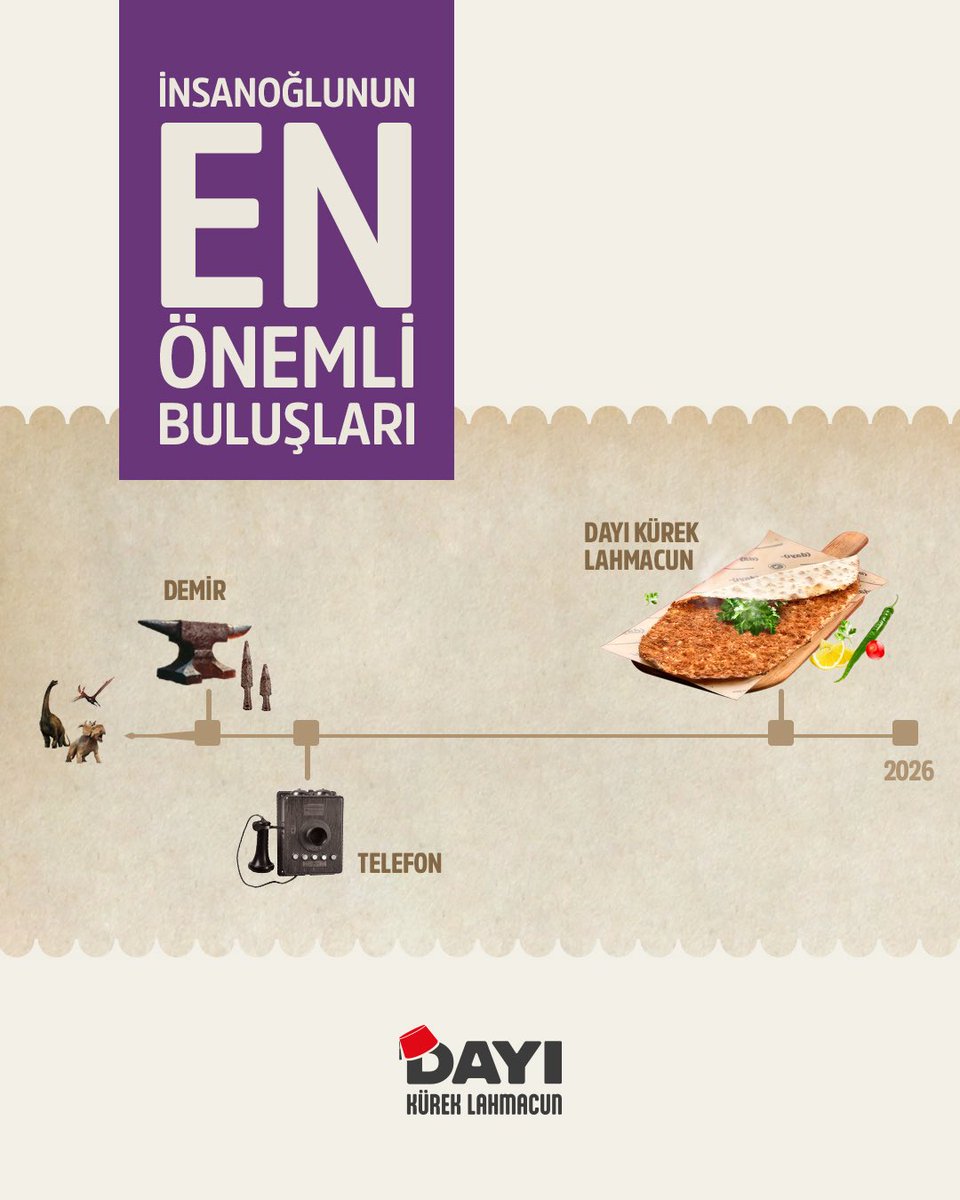 DayiKurek's tweet photo. Geçmişten bugüne uzanan bir yolculuk… ⏳

Yıllar değişti, teknoloji gelişti, hayatımız değişti. Ama güzel bir lahmacunun yeri hep ayrı kaldı. 🌯

Geçmişten bugüne, değişmeyen lezzet: Dayı Kürek Lahmacun.

#DayıKürekLahmacun #İnsanoğlununÖnemliBuluşları #Lahmacun #LezzetinTarihi https://t.co/4SUe8Dso6t