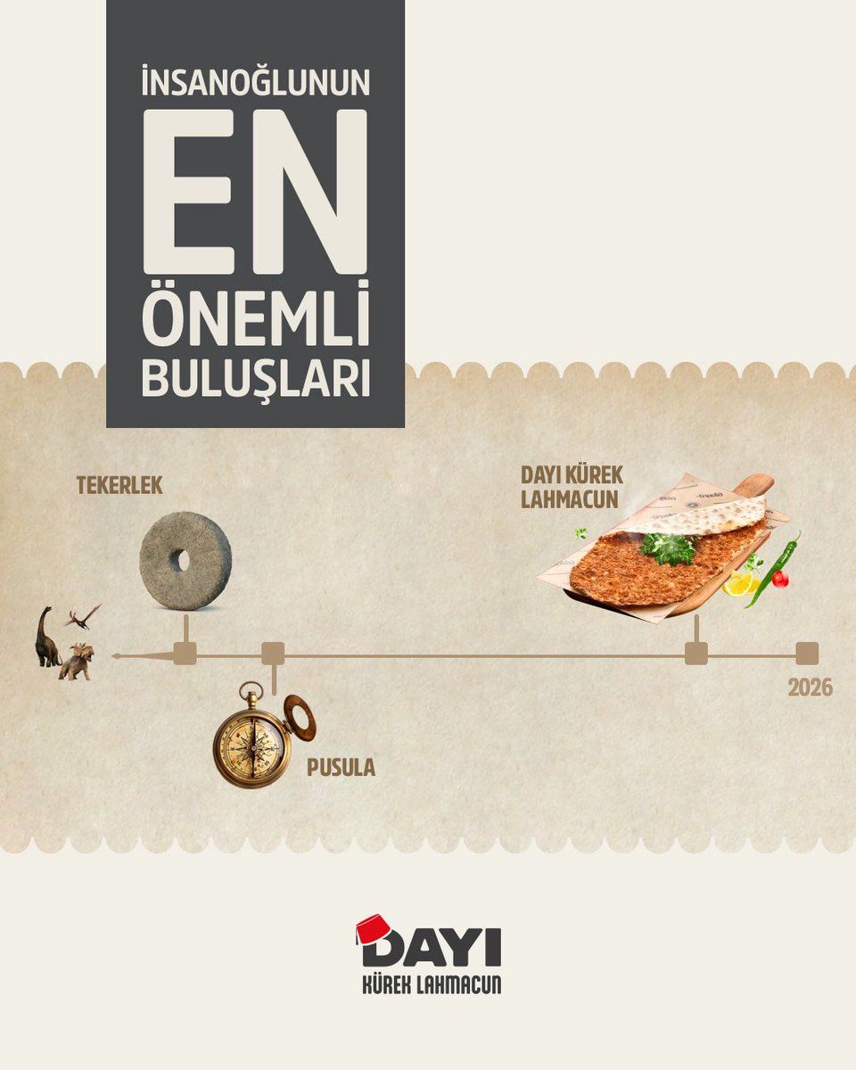 DayiKurek's tweet photo. Geçmişten bugüne uzanan bir yolculuk… ⏳

Yıllar değişti, teknoloji gelişti, hayatımız değişti. Ama güzel bir lahmacunun yeri hep ayrı kaldı. 🌯

Geçmişten bugüne, değişmeyen lezzet: Dayı Kürek Lahmacun.

#DayıKürekLahmacun #İnsanoğlununÖnemliBuluşları #Lahmacun #LezzetinTarihi https://t.co/4SUe8Dso6t