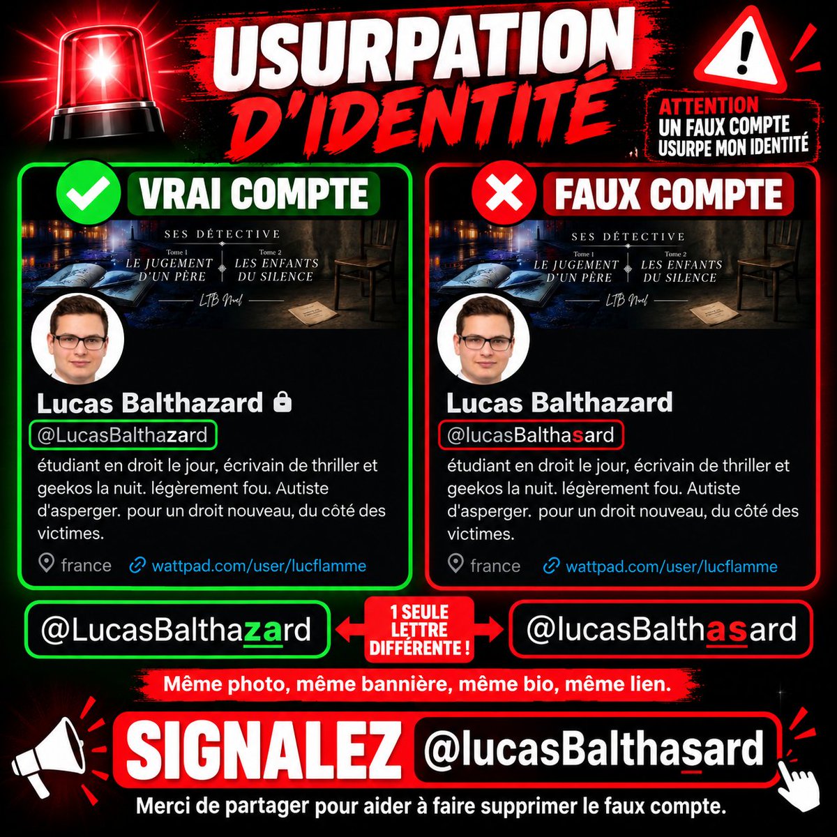 mindedman1985's tweet photo. 🚨 USURPATION D’IDENTITÉ
Le compte @lucasBalthasard usurpe l’identité de mon ami @LucasBalthazard : photo, bannière, bio, lien…
👉 Merci de signaler @lucasBalthasard pour usurpation d’identité et de RT pour prévenir un maximum de monde. https://t.co/Jkl3NvQAqb