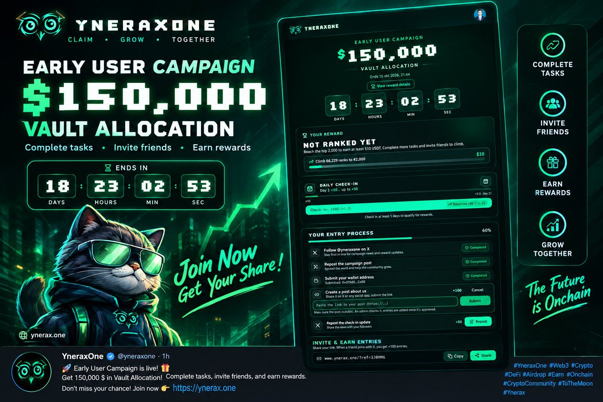 deedeetradee's tweet photo. 🚀 @yneraxone Early User Campaign is LIVE!

💰 $150,000 Vault Allocation
Complete tasks, check in daily, invite friends, and climb the leaderboard to earn rewards.
🎯 Every entry counts. Let’s grow together!

🔗https://t.co/DtWalnx2dw

#YneraxOne #Web3 #Crypto #DeFi #Airdrop #CryptoCommunity #Onchain #CryptoAirdrop #Ynerax