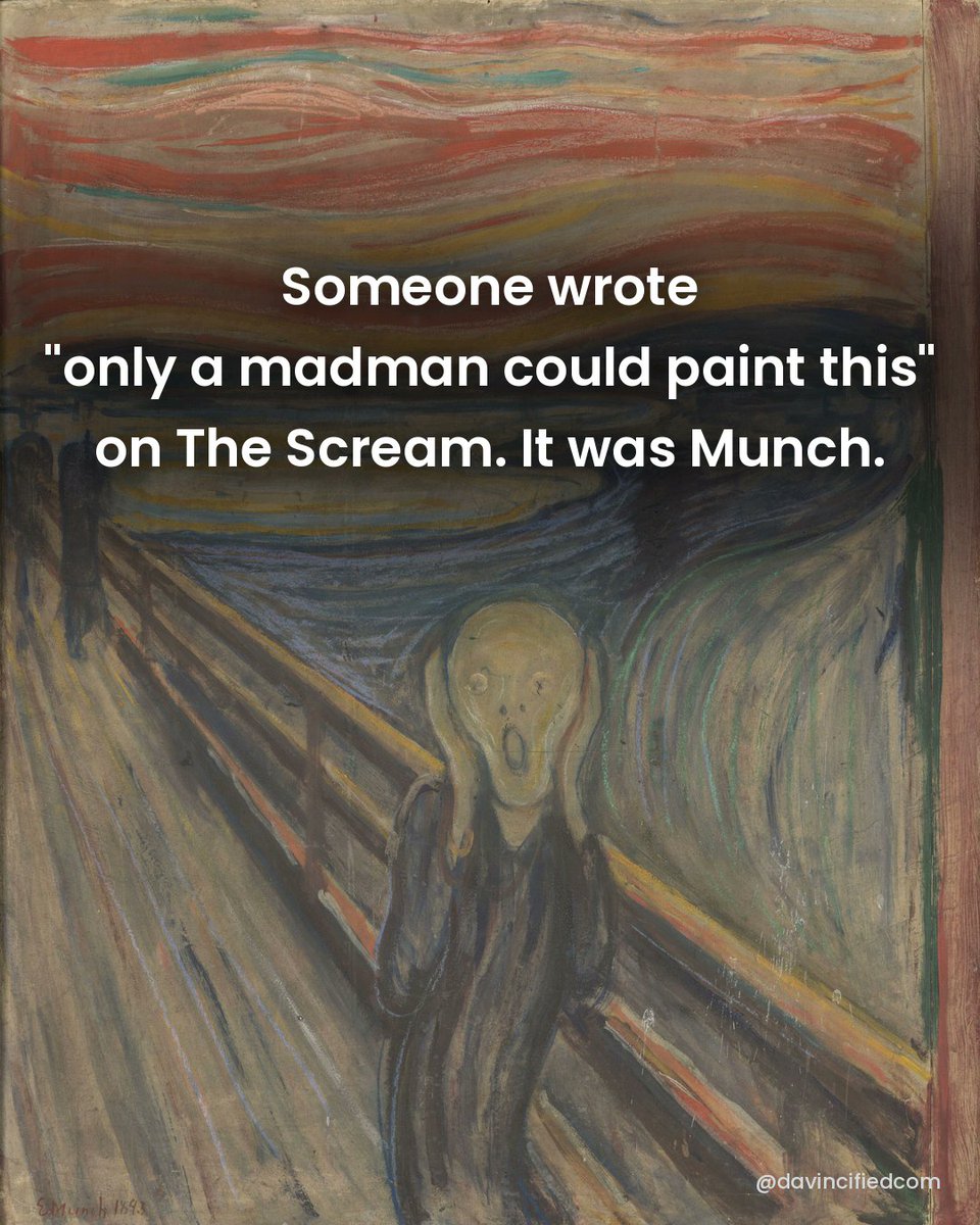 davincifiedcom's tweet photo. Someone wrote "Could only have been painted by a madman!" in the sky of The Scream.

For years people blamed an angry visitor. In 2021 the museum confirmed it was Munch's own handwriting.

Paint it yourself: https://t.co/Bd2TOYPRmm

#arthistory #edvardmunch https://t.co/FkW6ur6eS0