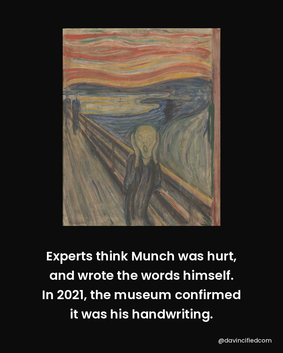 davincifiedcom's tweet photo. Someone wrote "Could only have been painted by a madman!" in the sky of The Scream.

For years people blamed an angry visitor. In 2021 the museum confirmed it was Munch's own handwriting.

Paint it yourself: https://t.co/Bd2TOYPRmm

#arthistory #edvardmunch https://t.co/FkW6ur6eS0