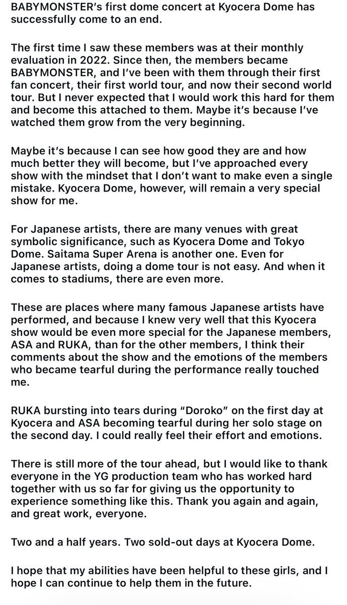 rosybaobei's tweet photo. babymonster’s audio engineer posted a sweet caption after their japan concerts concluded. 🥹

"I never expected that I would work this hard for them and become this attached to them. Maybe it's because I've watched them grow from the very beginning."

#BABYMONSTER #baemon https://t.co/g6jJURJwo9
