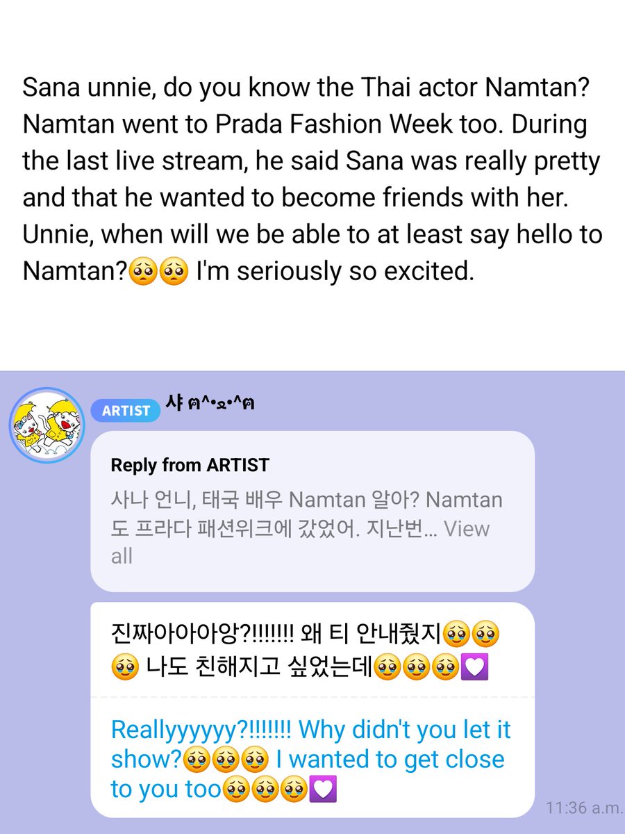 godmitzu's tweet photo. SANA knows about Namtan talking about her now and said she wants to get close to her too! https://t.co/Oqg9WGmUGl
