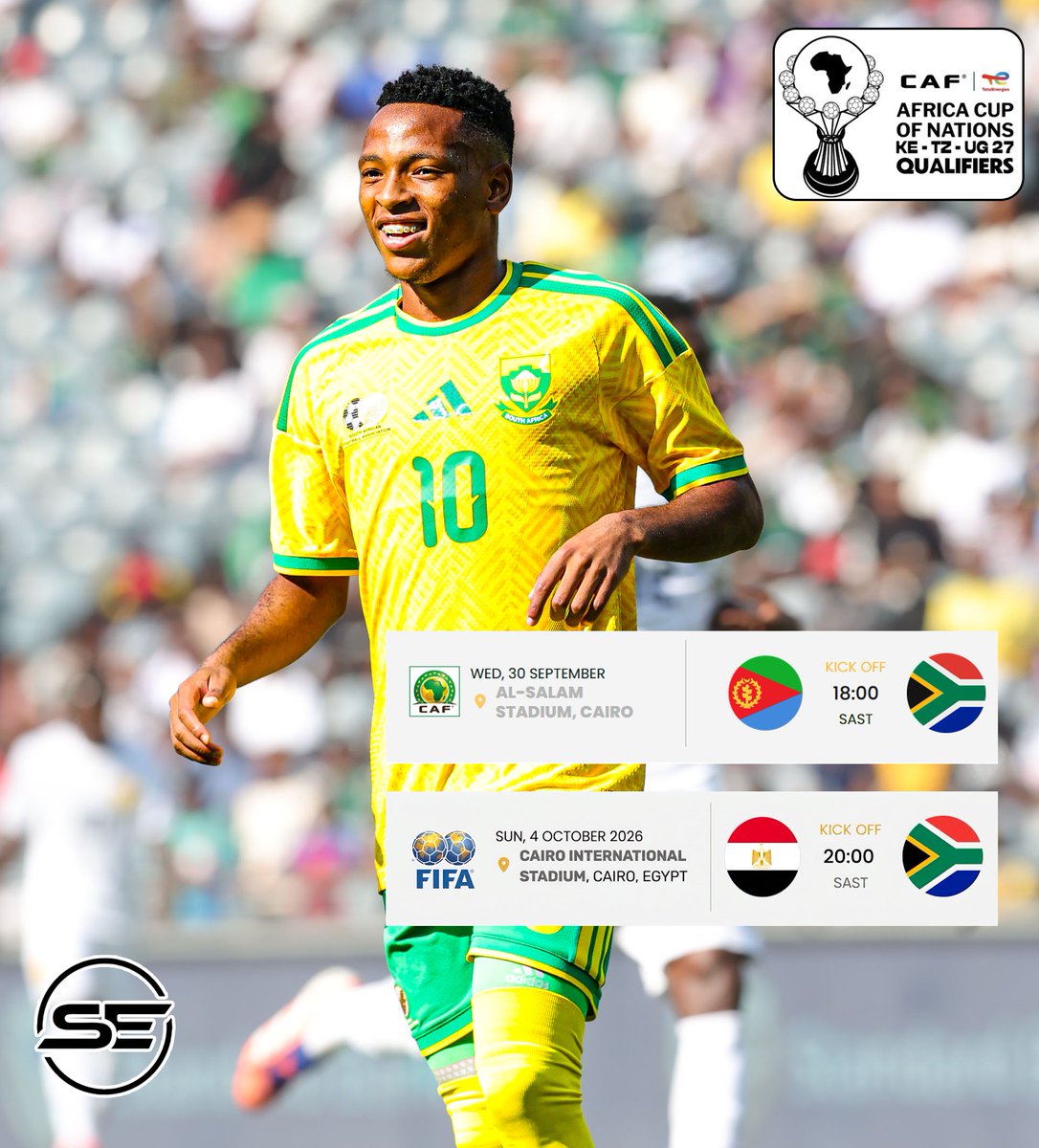 sahil_e_'s tweet photo. 𝗡𝗘𝗫𝗧 𝗦𝗧𝗢𝗣❟ 𝗖𝗔𝗜𝗥𝗢 📍

Bafana Bafana will now travel to Cairo, Egypt where they will face Eritrea on 30 September 2026. 🇪🇷

They also have a friendly scheduled against the Pharoahs on the 4th October 2026. 🇪🇬 https://t.co/Bv3B4SHiEl