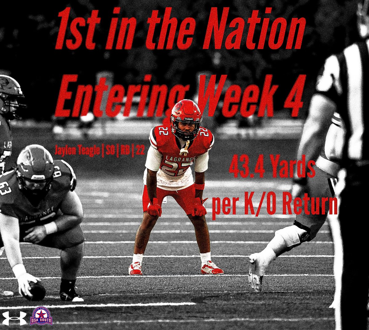 LaGrangeFTBL's tweet photo. We may be off this week, but Jaylon Teagle hasn’t been off when returning kicks back this season. 1st in the Nation in yards per return in Division 3 entering Week 4! Way to work Jaylon. #BlueCollarMentality https://t.co/baTbl1op0K
