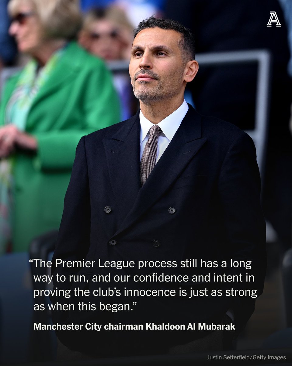 TheAthleticFC's tweet photo. Manchester City chairman Khaldoon Al Mubarak says the club’s “confidence” in proving their innocence is unchanged, despite being found guilty of almost all the Premier League’s charges relating to breaches of financial regulations.

More from @TBurrows16 ⬇️

https://t.co/5iyIeI2pVf
