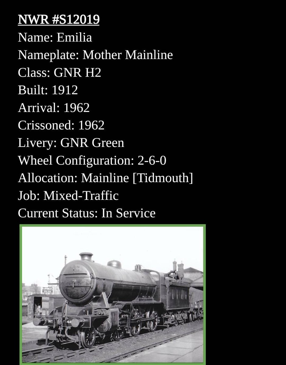 JACKSONTHEK2's tweet photo. AU Fact: There are two engines who could identify as 'Emily'

- The first is a GNR Stirling Single from the Sodor And Mainland Railway. She, along with several other engines from the Pre-Sodor Days, was put in a shed for several years before being put on display at the Ulfstead Railway Museum.

- The second was Emilia, a GNR H2 bought in 1962 as the NWR's 19. She was bought to Sodor during the summer to help on the mainline. Edward confused her with the SS Emily.