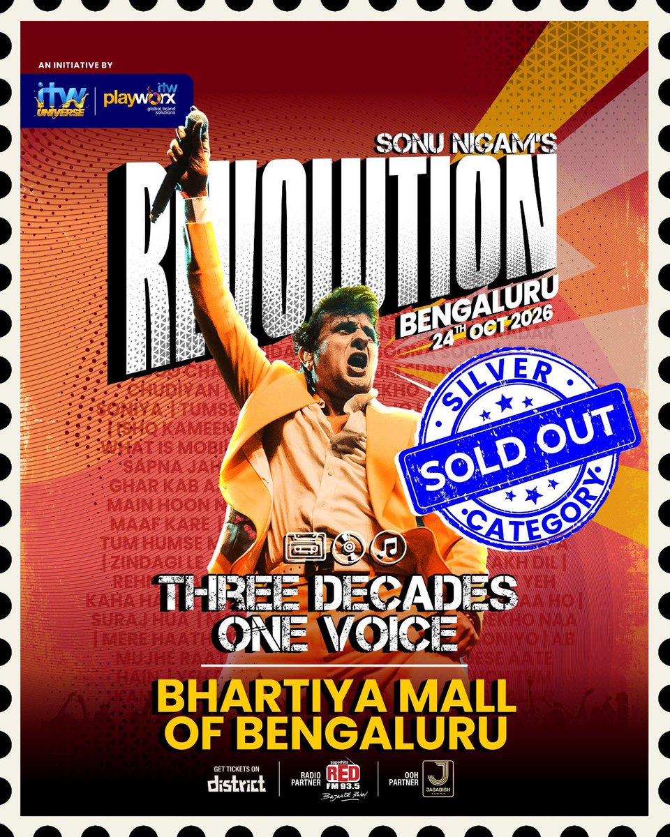 ITWPlayworx's tweet photo. Bengaluru, you did it! 🔥
The Silver Category for Sonu Nigam’s The Revolution India Tour is officially SOLD OUT! And we’re only getting started.
#BengaluruConcerts #3Decades1Voice #JoinTheMovement https://t.co/1gZvdv9t2q