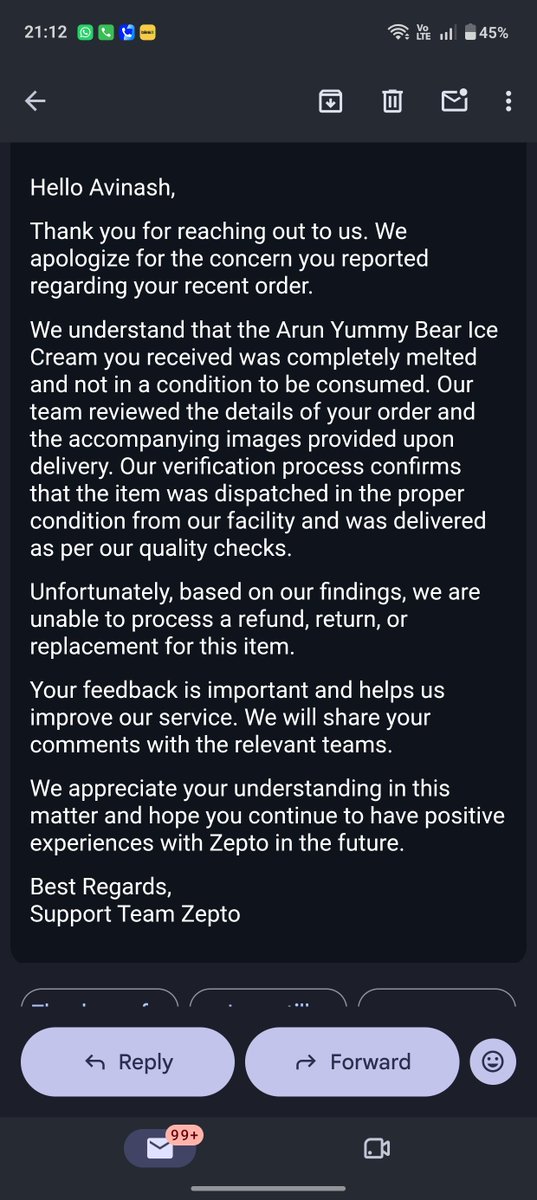 Nash31005's tweet photo. Hey @ZeptoNow how does liquid ice cream pass your "quality check"?

Order KVITKCNNO76005 delivered melted, raised complaint in 60 secs with pics, still refund denied saying "dispatched properly".Paying for inedible food isn't fair for a regular customer. Please fix this. https://t.co/t2PVZvRdqG