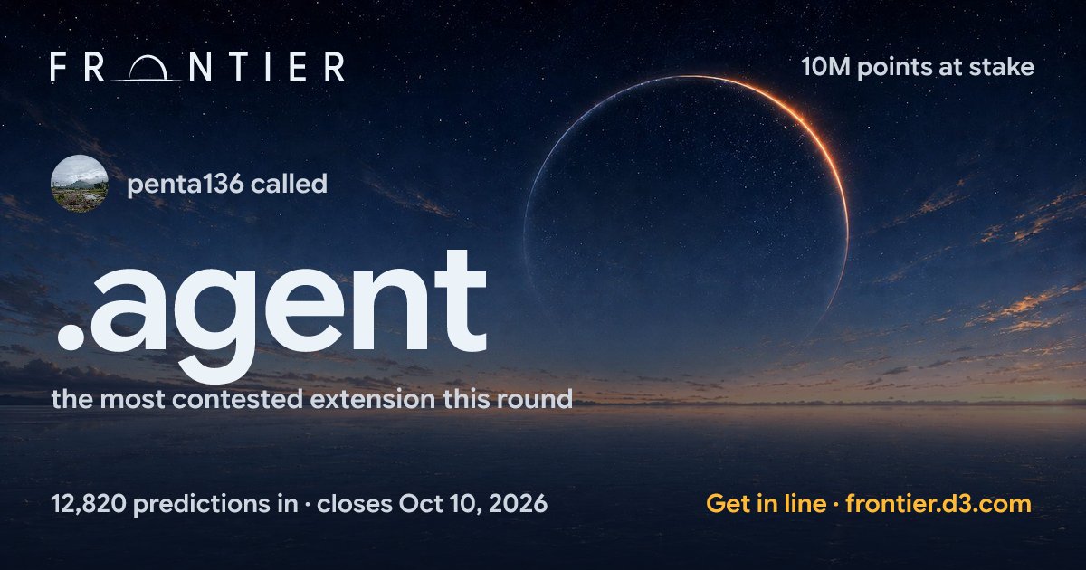 penta136's tweet photo. I called .agent the most contested extension this round. 10M points, shared by whoever calls it right. Get in line: https://t.co/3awYr6Dg13 https://t.co/zgLhDs5AlC