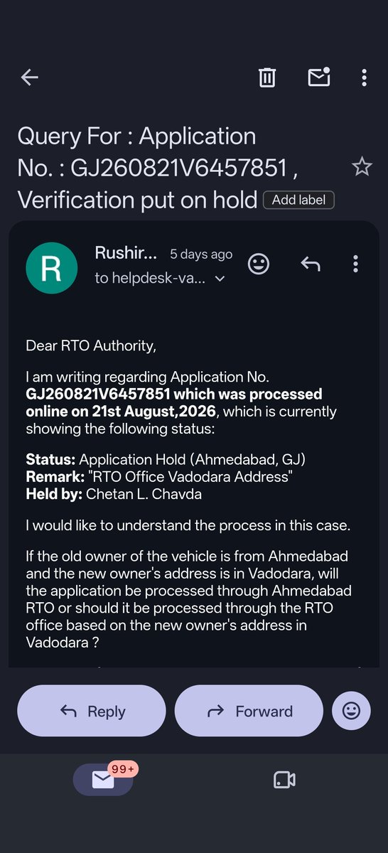 rushirajmahera's tweet photo. Transfer of Ownership Application GJ260821V6457851 submittedon 21 Aug, but remains on hold as of 21 Sep. No reason given despite 2 portal complaints &amp; email. Multiple helpline attempts were unsuccessful.
@COTGuj_office
@rtovadodaraGJ06
@Rtoahmedabad
@sanghaviharsh
@nitin_gadkari https://t.co/GEU6ahA0qV