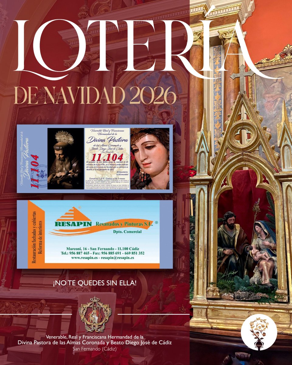 HdadPastora_Sf's tweet photo. #VIDADEHERMANDAD | LOTERÍA DE NAVIDAD

Nuestra Hermandad dispone de la Lotería de Navidad con el tradicional 11104, fecha de la Coronación de la Divina Pastora.

Se podrá adquirir en décimos, a 23€. 

Puedes conseguirla a través de la Junta de Gobierno.

No te quedes sin ella. https://t.co/Ksh7698PmJ
