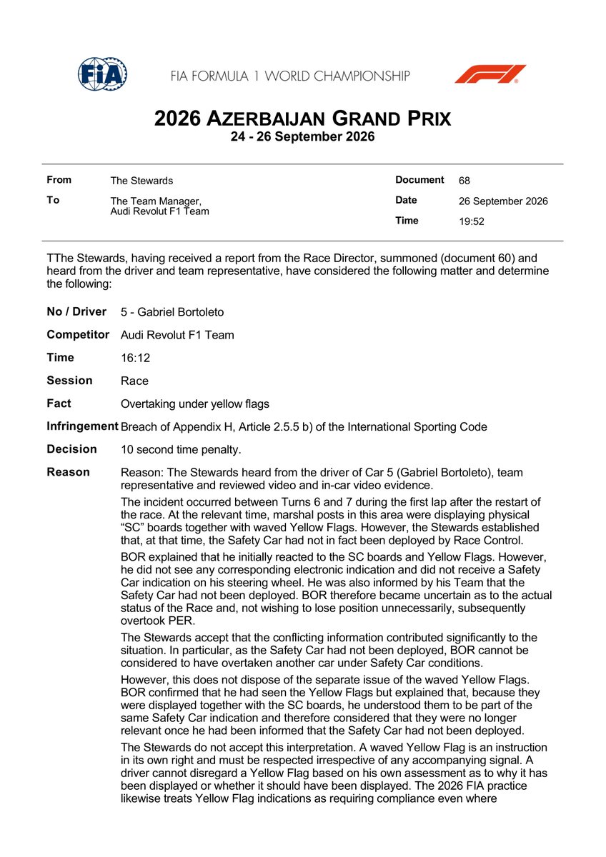 fiadocsbot's tweet photo. New document: Doc 68 - Infringement - Car 5 - Overtaking under yellow flags
Published on 26.09.26 17:52 CET

#F1 #Formula1 #FIA #AzerbaijanGP 🇦🇿 https://t.co/WMhgWTDEjO