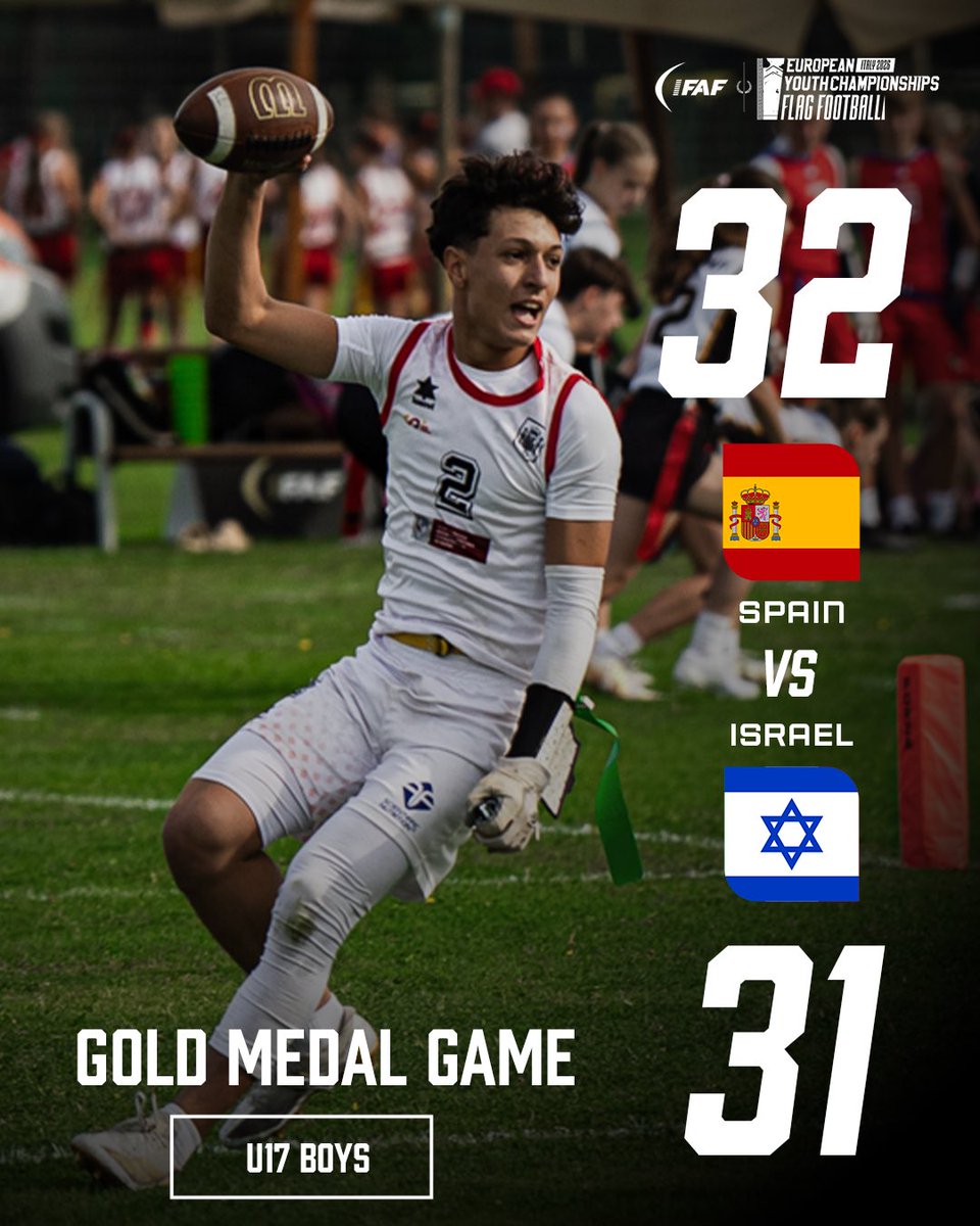 IFAFMedia's tweet photo. SPAIN IS THE U17 BOYS’ EUROPEAN YOUTH CHAMPIONS! 🏆 IT ALL CAME DOWN TO THE FINAL SECONDS! 

#FlagFootball #IFAF #EYC26 @FEFA_Spain https://t.co/GWwsznYobn