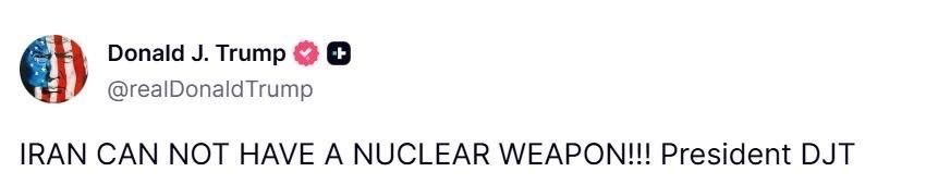 JZ5663's tweet photo. 川普總統在Truth Social表示：

「伊朗絕對不能擁有核武器。」 https://t.co/A7rX84rEie