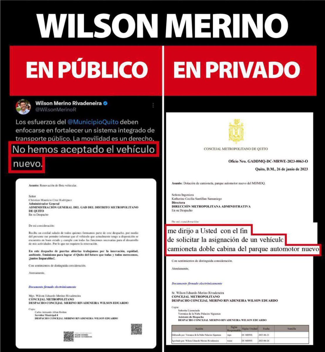 jpjaramillo25's tweet photo. @WilsonMerinoR está lleno de doble moral. 

Tampoco olvidemos que criticaba que se renueve la flota de autos de todos los concejales. 

Pero en privado le solicitaba una camioneta doble cabina nueva a la administración de Pabel Muñoz. https://t.co/2lo0xBG1Vf