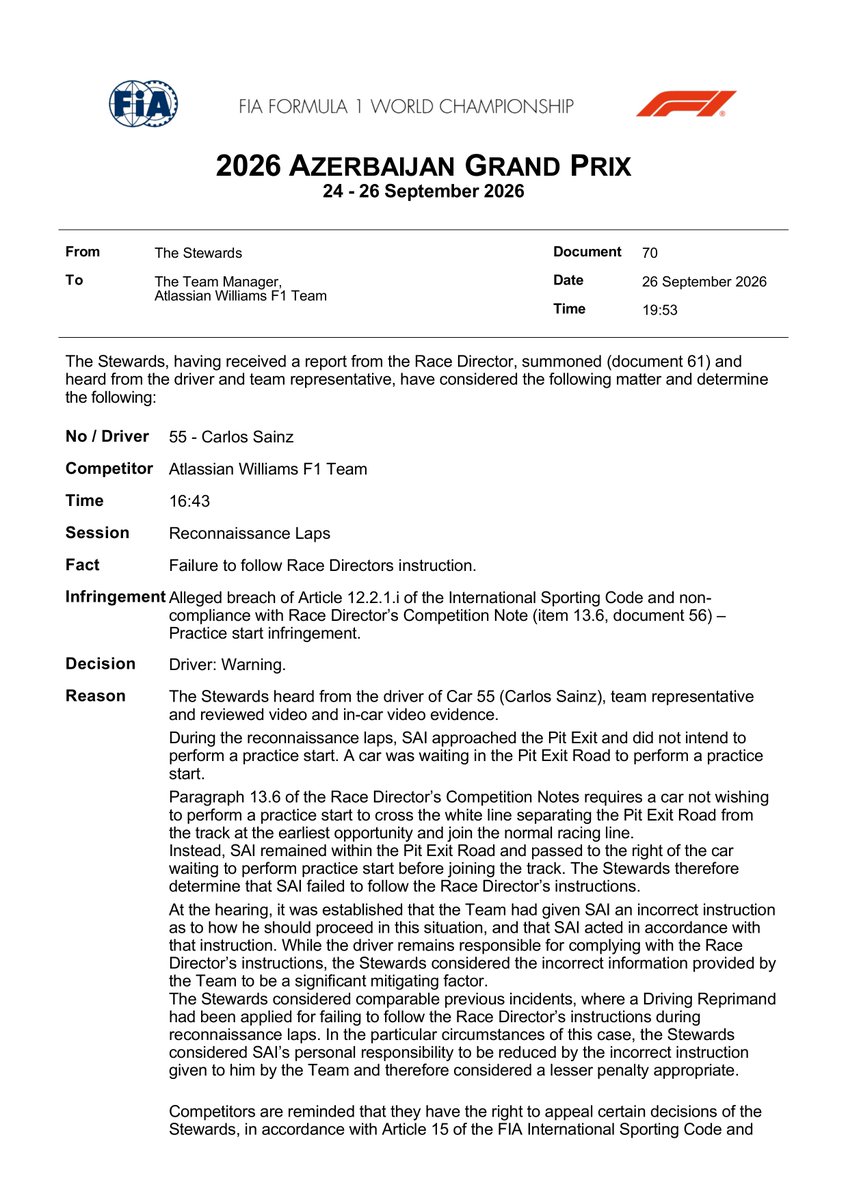 fiadocsbot's tweet photo. New document: Doc 70 - Infringement - Car 55 - Failing to follow Race Directors Instructions - Practice Start
Published on 26.09.26 17:54 CET

#F1 #Formula1 #FIA #AzerbaijanGP 🇦🇿 https://t.co/S7PsNuDCyU