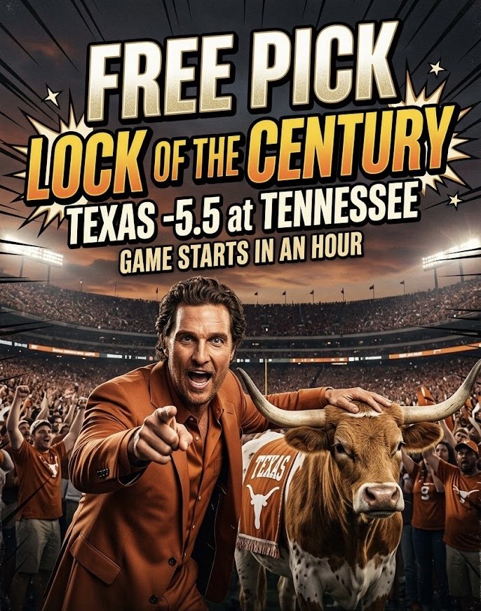 Lockedin_Sportz's tweet photo. TEXAS -5.5
vs Tennessee 
The LOCK OF THE CENTURY 🚨 

#GamblingX #SportsPicks https://t.co/TLpTy1pqjW