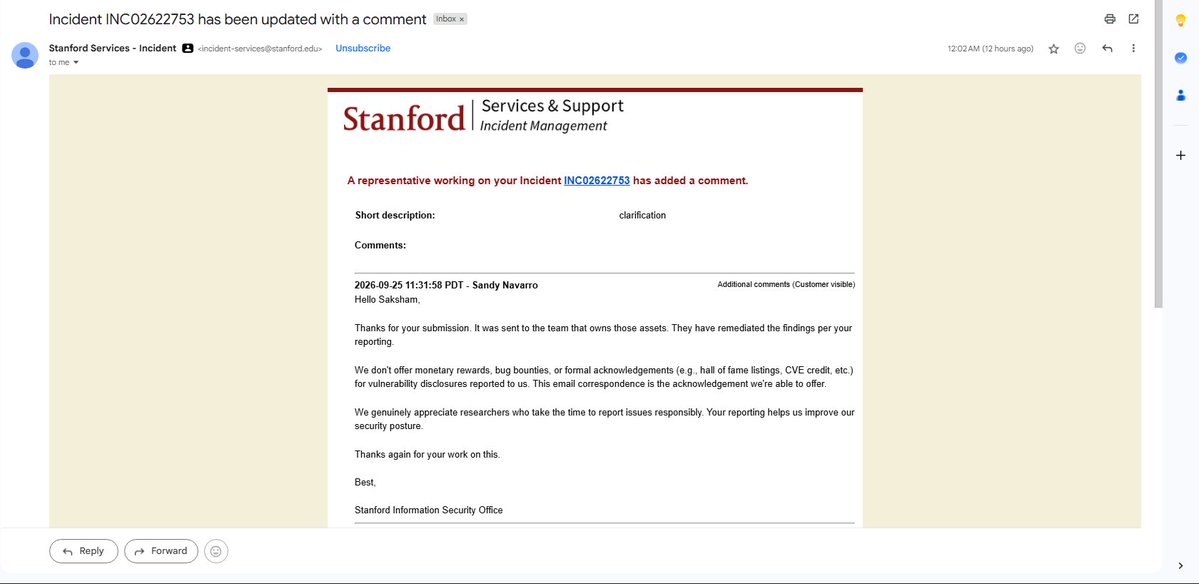 CSJM_University's tweet photo. As 16.5 years old, I’m proud to share a milestone in my cybersecurity journey.

🔐 Stanford confirmed that the security findings I reported were remediated based on my reporting and that their correspondence serves as the acknowledgement they can provide.
#CyberSecurity https://t.co/4sy48IGvpE