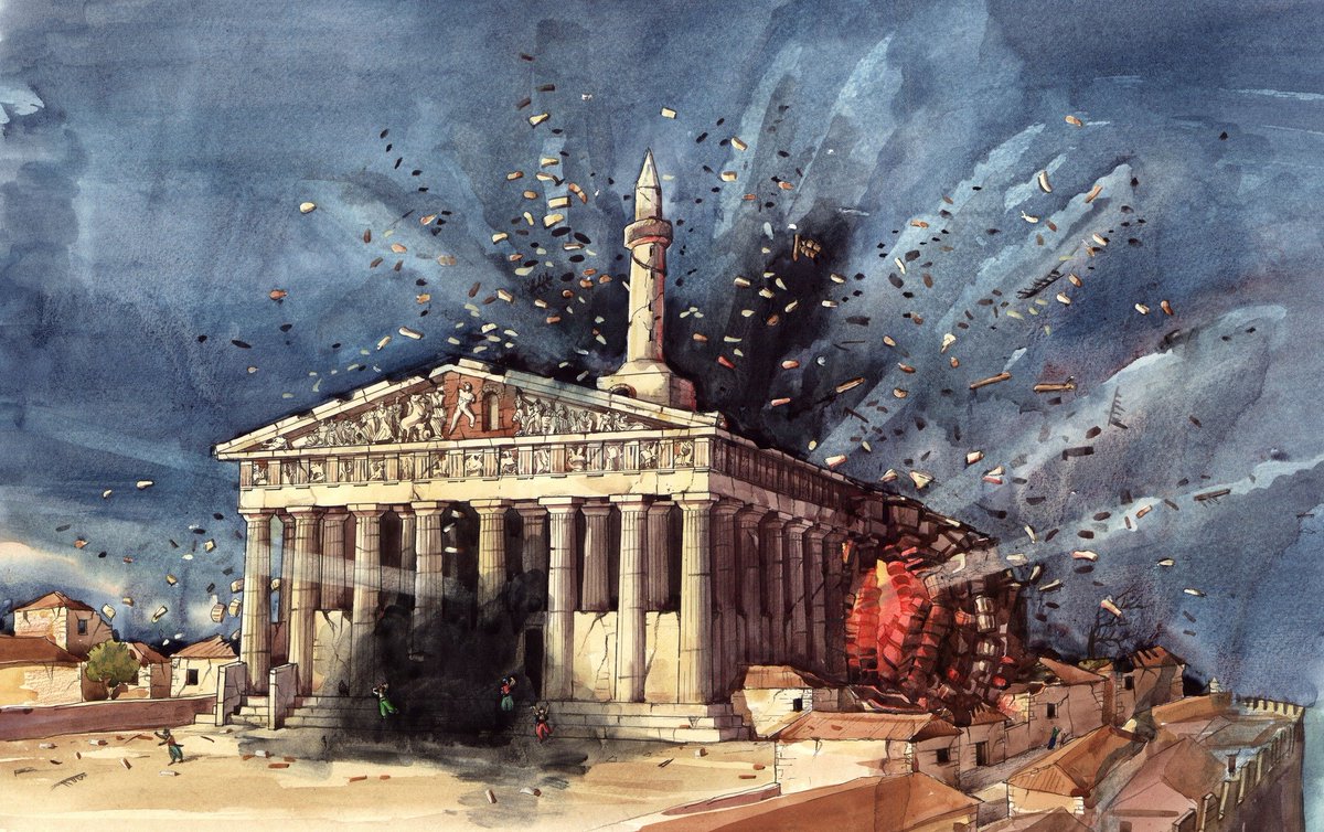 AncientHistorry's tweet photo. September 26, 1687. A Venetian mortar shell landed on the Parthenon and did more damage in one second than the previous 2,100 years had managed.

The Parthenon was finished in 438 BC and it had survived everything. It had been a temple to Athena, then a Christian church dedicated to the Virgin for roughly a thousand years, then an Ottoman mosque with a minaret built into the corner.

In September 1687 it was largely intact. Roof on. Columns standing. Most of the sculpture in place. It was the best preserved major building of classical antiquity in existence.

The Morean War was a Venetian attempt to take Greece back from the Ottomans, and Francesco Morosini had spent two years doing it successfully in the Peloponnese.

On September 21 a force of 10,750 men under Königsmarck landed at Eleusis while the Venetian fleet took Piraeus.

The Ottoman garrison pulled back onto the Acropolis to wait for relief from Thebes. Civilians went up with them, because a walled height is where people go.

And the Ottomans put their powder magazine and their ammunition inside the Parthenon.

That decision has been criticised for three centuries and the reasoning behind it was not stupid. It was the most solidly built structure on the rock, walls of solid marble, and they appear to have believed the Venetians would not deliberately shell a building of that significance.

They also demolished the small Temple of Athena Nike for stone to build gun positions, which tells you how the situation was being weighed.

Morosini put cannon and mortar batteries on the Pnyx and the surrounding heights.

On September 25 a shot hit a powder store in the Propylaea.

On the evening of September 26, a mortar shell came down through the roof of the Parthenon and into the magazine.

The explosion blew the building apart. The roof went entirely. The cella, the inner chamber, was destroyed. Columns on the north and south sides collapsed. A large section of the frieze came down. Marble was thrown across the Acropolis and the fires burned for two days.

About 300 people were killed.

Morosini, in his report, called it a fortunate shot.

The garrison surrendered on September 29 after a relief attempt was beaten off.

And then Venice could not hold Athens anyway. Ottoman cavalry controlled Attica, plague got into the army, the German contingent went home in December, and on the last day of the year the commanders decided to abandon the place. They evacuated in April 1688, taking four or five thousand Athenians with them because those people could not safely be left behind.

So the Parthenon was destroyed during a campaign that achieved nothing and was given up inside seven months.

There is one more piece.

Before leaving, Morosini decided to take the sculptures off the west pediment home to Venice as trophies. The figure of Poseidon and the horses of Athena's chariot.

His men did not know how to rig it. The tackle failed, the sculptures came down, and they shattered on the rock.

So the pieces of the west pediment that had survived the explosion were destroyed by the attempt to carry them off.

The Venetians settled for what was portable. They took the marble lions from Piraeus, and the largest of them stands outside the Arsenal in Venice today with Norse runes carved into its shoulder by Varangian mercenaries in the eleventh century.

The last part is the one people argue about most.

The Parthenon then sat as an open ruin for 120 years, its sculpture exposed, unguarded, and steadily removed by travellers or burned for lime by locals.

In 1801 Lord Elgin obtained a permit from the Ottoman authorities and took roughly half of the surviving sculpture to Britain.

Every argument about the Elgin Marbles, in both directions, runs back through the evening of September 26, 1687. Because whether those sculptures were rescued or stolen depends entirely on what state the building was in, and the building was in that state because of one mortar shell fired by a European power that had come to Greece to liberate it.

The Parthenon stood for about 2,125 years. It has been a ruin for 339.