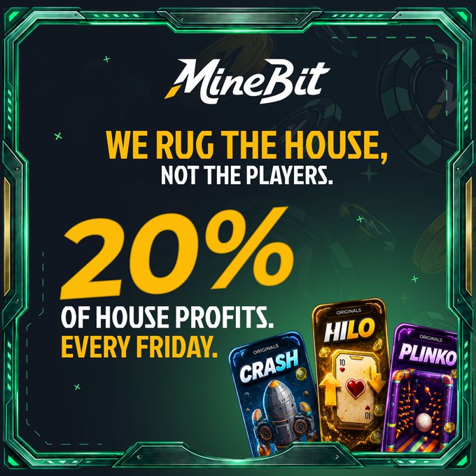0x1mmortal's tweet photo. Imagine a casino rugging itself 💀

@MineBitOfficial shares 20% of weekly house profit back to players.

Every Friday.

The house edge hits different when the house gives some of it back. 👀 https://t.co/TDw2wpgJae