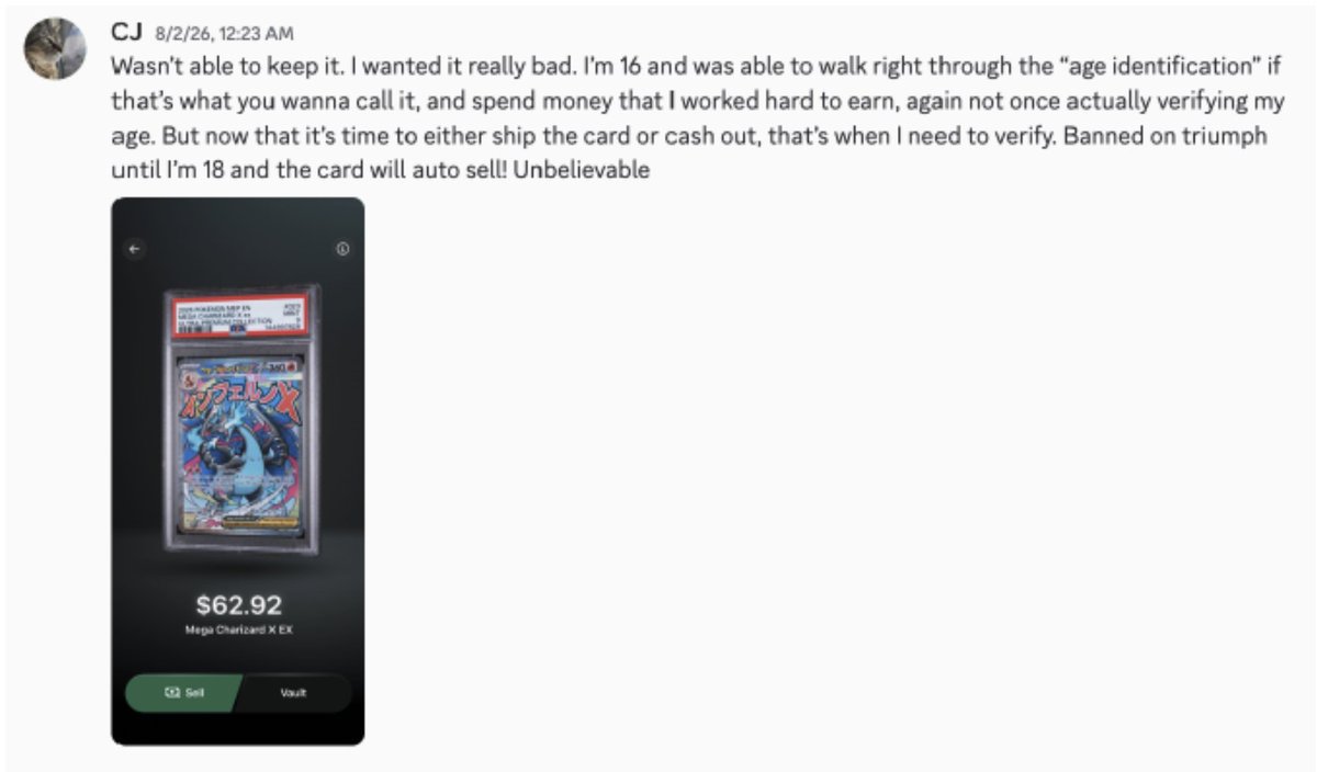 CasinosTracker's tweet photo. Minors are getting into gambling through card apps like Triumph.

They are lured in with imagery of their favorite Pokémon, can bypass the age verification, and then are blocked from actually receiving anything if they win.

Just gross all around. https://t.co/oiuljEbhgZ