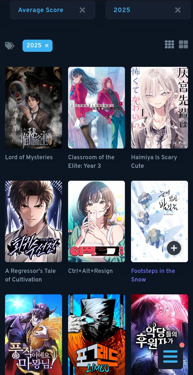 Bary0nyx's tweet photo. Tried discovering new manga by sorting manga on Anilist that started publishing in 2024 and 2025 by score (not popularity). 8 out of the top 10 in both years were manhwa. Like I knew shonen jump was in decline but are there fewer good new manga in general? https://t.co/qsRKXzES5x