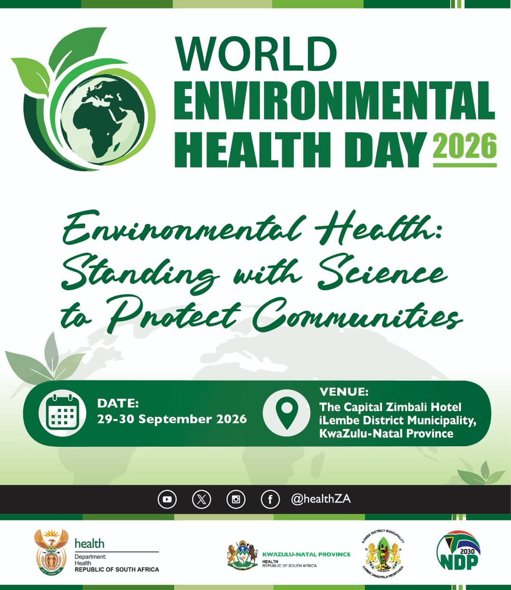 HealthZA's tweet photo. World Environmental Health Day 
Theme: “Standing with Science to Protect Communities"

Let us stand with science to strengthen environmental health, inform evidence-based decisions and build resilient, sustainable and healthier communities.

Let science guide action. https://t.co/HD3EY4ncJo