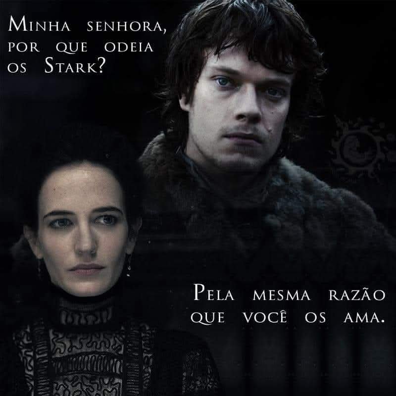 Belizahiddles's tweet photo. Lembrei imediatamente desse trecho do POV do Theon:

Não, ele pensou. Ela não tem o sangue de Lorde Eddard, o nome dela é Jeyne, ela é apenas a filha do intendente. Não duvidava que a Senhora Dustin suspeitasse, mesmo assim...
  — Os soluços da Senhora Arya podem nos causar mais danos do que todas as espadas e lanças de Lorde Stannis. Se o Bastardo pretende continuar sendo Senhor de Winterfell, é melhor que ensine sua esposa a sorrir.
  — Minha senhora — Theon interrompeu. — Aqui estamos.
  — Os degraus continuam para baixo — observou a Senhora Dustin.
  — Há níveis inferiores. Mais antigos. O nível mais antigo está parcialmente desmoronado, ouvi dizer. Nunca desci além daqui. — Abriu a porta e levou-os por um longo túnel abaluado, onde poderosos pilares de granito bordejavam, dois a dois, na escuridão.
O oficial da Senhora Dustin levantou a lanterna. Sombras deslizavam e mudavam de lugar. Uma pequena luz em uma grande escuridão. Theon nunca se sentira confortável nas criptas. Podia sentir os reis de pedra olhando-o de cima com seus olhos de pedra, dedos de pedra enrolados nos punhos de espadas longas enferrujadas. Nenhum deles tivera algum amor por homens de ferro. Uma sensação familiar de pavor tomou conta dele.
  — São tantos — a Senhora Dustin disse. — Sabe os nomes deles?
  — Uma vez... mas foi há muito tempo. — Theon apontou. — Os que estão deste lado foram rei no Norte. Torrhen foi o último.
  — O Rei que Ajoelhou.
  — Sim, minha senhora. Depois dele, todos foram apenas senhores.
  — Até o Jovem Lobo. Onde está a tumba de Ned Stark?
  — No final. Por aqui, minha senhora.
  Seus passos ecoavam pela abóbada enquanto caminhavam entre as fileiras de pilares. Os olhos de pedra dos mortos pareciam segui-los. Alguns nomes voltaram espontaneamente, sussurrados pela voz fantasmagórica de Meistre Luwin. Rei Edrick Barba de Neve, que governara o Norte por uma centena de anos. Brandon, o Armador, que navegara para além do pôr do sol. Theon Stark, o Lobo Faminto. Meu homônimo. Lorde Beron Stark, que fez  causa comum com Rochedo Casterly na guerra contra Dagon Greyjoy, Senhor de  Pyke, nos dias em que os Sete Reinos eram governados em nome de todos pelo feiticeiro bastardo chamado Corvo de Sangue.
  — Aquele rei perdeu a espada — a Senhora Dustin observou.
Era verdade. Theon não se lembrava que rei era aquele, mas a espada longa que devia segurar se fora. Marcas de ferrugem permaneciam para mostrar o lugar em que a lâmina estivera. A visão inquietou. Sempre ouvira que o ferro da espada mantinha os espíritos dos mortos trancados em suas tumbas. Se uma espada estava faltando...
Há fantasmas em Winterfell. E sou um deles.
Seguiram adiante. O rosto de Barbrey Dustin parecia mais duro a cada passo. Ela não gosta deste lugar tanto quanto eu. Theon se ouviu falando:
  — Minha senhora, porque odeia os Stark?
  Ela o estudou.
  — Pela mesma razão que você os ama.
  Theon tropeçou.
  — Amá-los? Eu nunca... eu tomei este castelo deles, minha senhora. Eu tive... condenei Bran e Rickon à morte, coloquei suas cabeças em estacas, eu...
  — ... cavalgou para o sul com Robb Stark, lutou ao lado dele no Bosque dos Murmúrios e em Correrrio, voltou para as Ilhas de Ferro como seu enviado para tratar com seu próprio pai. Vila Acidentada enviou homens com o Jovem Lobo também. Mandei o mínimo que me atrevi, mas sabia que devia dar-lhes alguns, ou me arriscaria a enfrentar a ira de Winterfell. Então eu tinha meus próprios olhos e ouvidos naquela tropa. Eles me mantiveram bem informada. Sei quem é você. Sei o que você é. Agora, responda à minha pergunta. Porque você ama os Stark?
  — Eu... — Theon colocou a mão enluvada contra um pilar. — ... eu queria ser um deles...
  — E nunca pôde. Temos mais em comum do que imagina, meu senhor. Mas venha.
  
( Theon V, A Dança dos Dragões )

Tudo que Theon queria era ser amado e sentir-se parte da família Stark, algo que nunca pode, sempre viveu com a ameaça da espada de Ned sobre sua cabeça.
#GameOfThrones