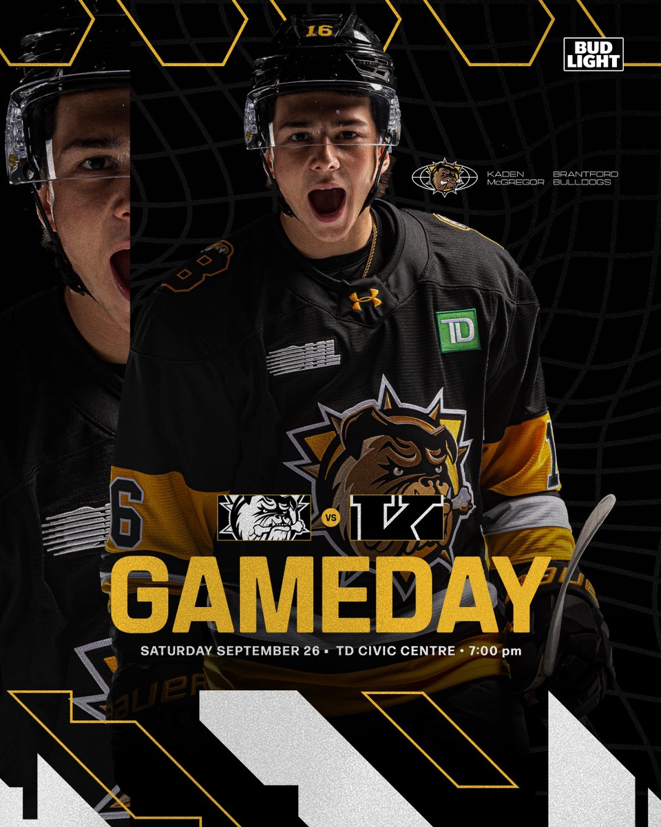 BulldogsOHL's tweet photo. 🚨 SYSTEM: GAMEDAY
GAME 04 // 7:00 PM
BRANTFORD vs. KINGSTON
TD CIVIC CENTRE
Presented by: @budlightca
🎟️: https://t.co/ptWKdKEZCy
#BFD | #CountryWeekend https://t.co/cn6gWO3YE3