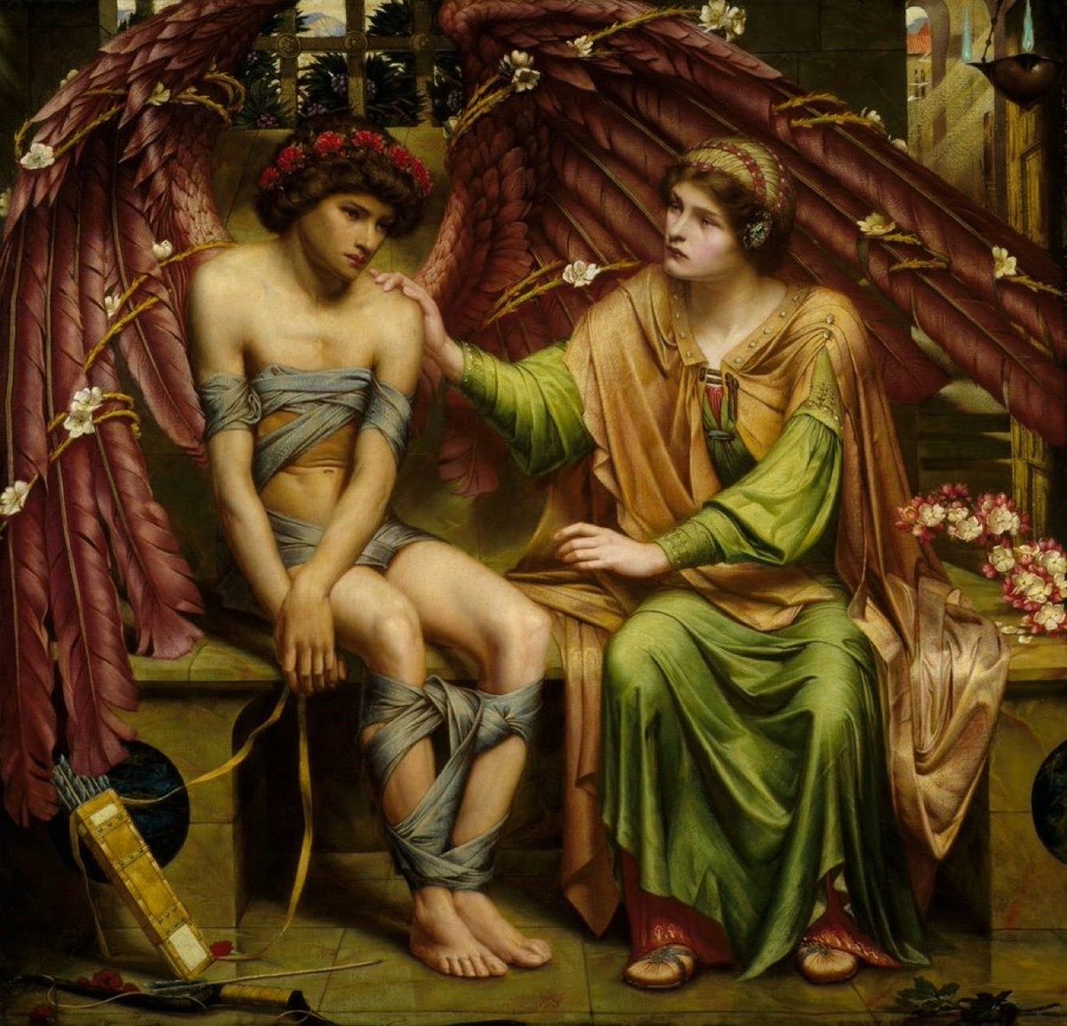 AcademiaAesthe1's tweet photo. Sidney Harold Meteyard — Hope Comforting Love in Bondage, 1901

Meteyard personifies Love as a young, winged figure bound by thorny roses, while Hope reaches out to comfort him. The roses are more than decoration: their beauty and thorns represent the pleasure and pain that can exist within love. Even Cupid’s wings are caught in the thorns, suggesting that love itself can become a source of suffering.