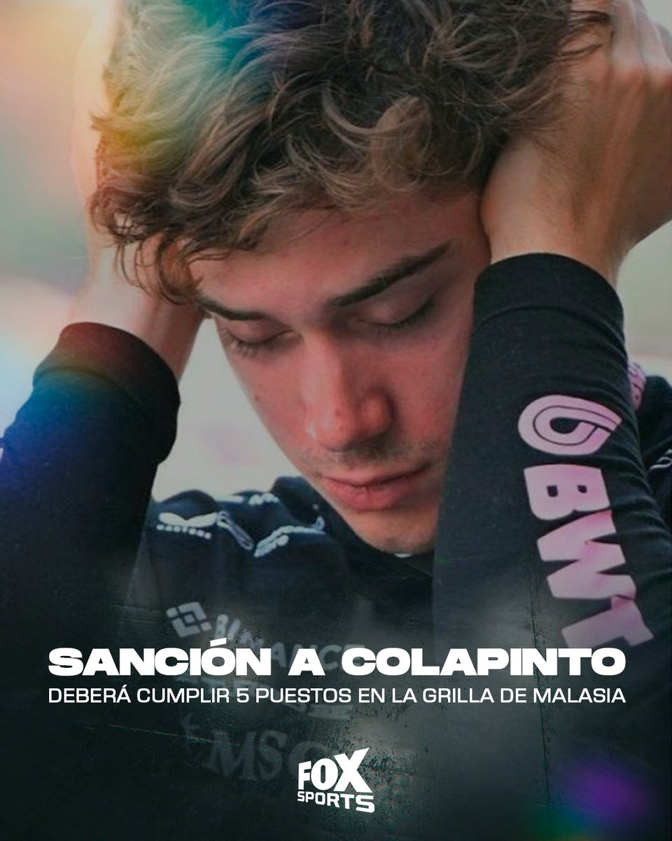 FOXSportsArg's tweet photo. 🚨 SANCIÓN PARA COLAPINTO

La FIA sancionó a Franco con 10 segundos por el accidente protagonizado en la vuelta 36 del GP de Azerbaiyán.

Como elargentino no pudo cumplir la penalización en carrera tras su abandono, la sanción se convierte en 5 posiciones para la próxima carrera. https://t.co/oU57vf0s0k