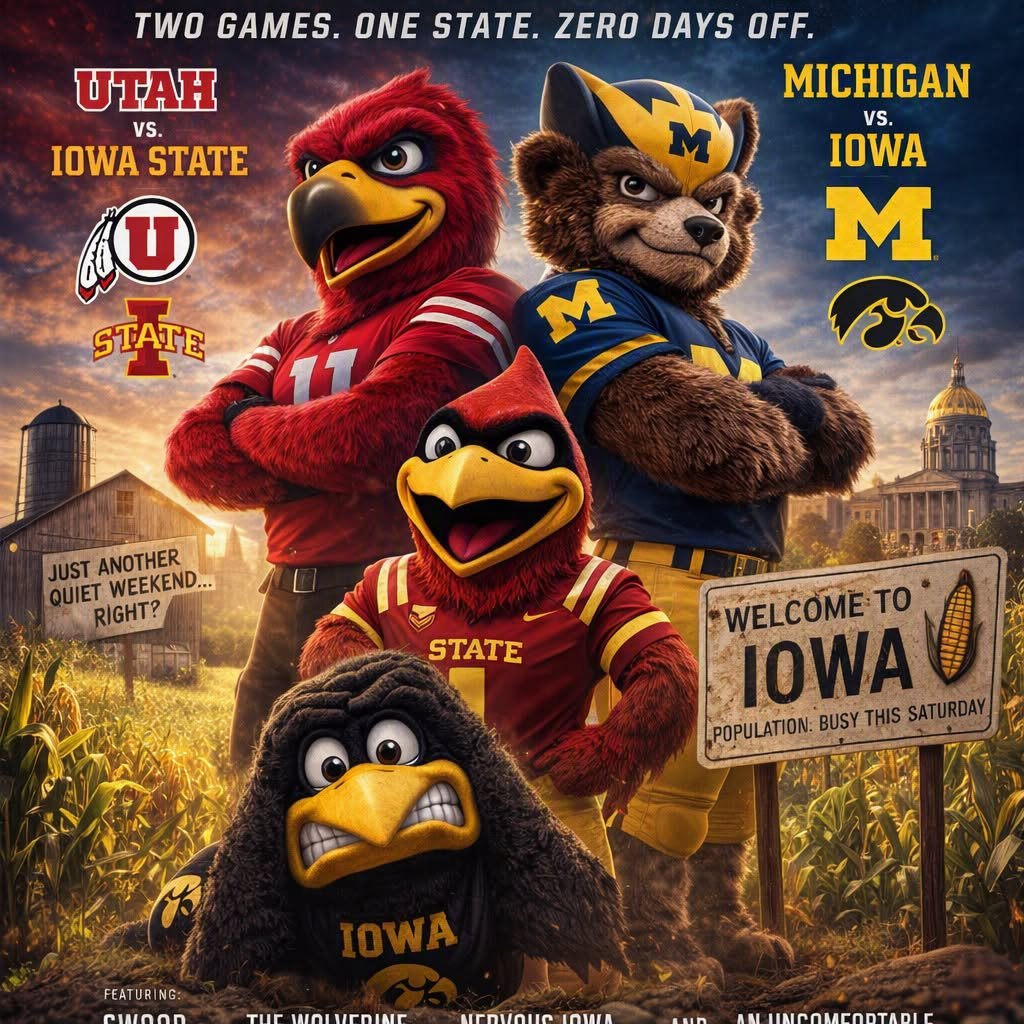 squeakyysteph87's tweet photo. “Two games. One state. ZERO chill. Iowa’s the center of the college football universe this weekend. #GoUtes #CycloneWarning #BigTenBattle #ZeroDaysOff” #GoBlue https://t.co/YVrKdy8KH2