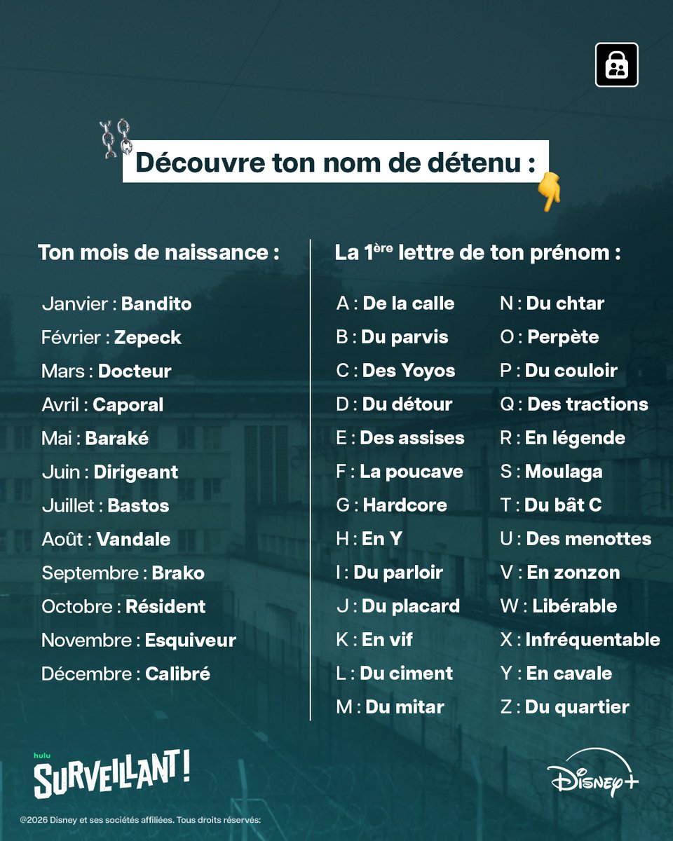 DisneyPlusFR's tweet photo. 🚨 On veut voir les noms qu'il sera impossible d'assumer derrière les barreaux 👇

La série Surveillant! est disponible sur #DisneyPlus. https://t.co/jWTxGo9tZ4