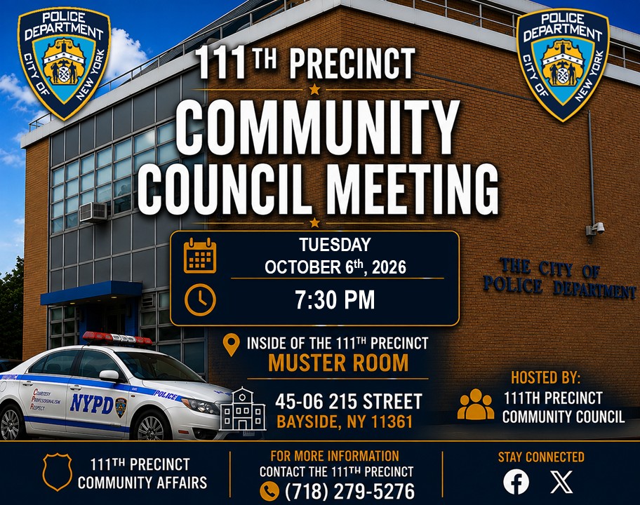 NYPD111Pct's tweet photo. 🚨SAVE THE DATE!🚨

The 111th Precinct will be hosting the next Community Council Meeting on Tuesday, October 6th at 7:30 PM! https://t.co/XkFf6E4C1N