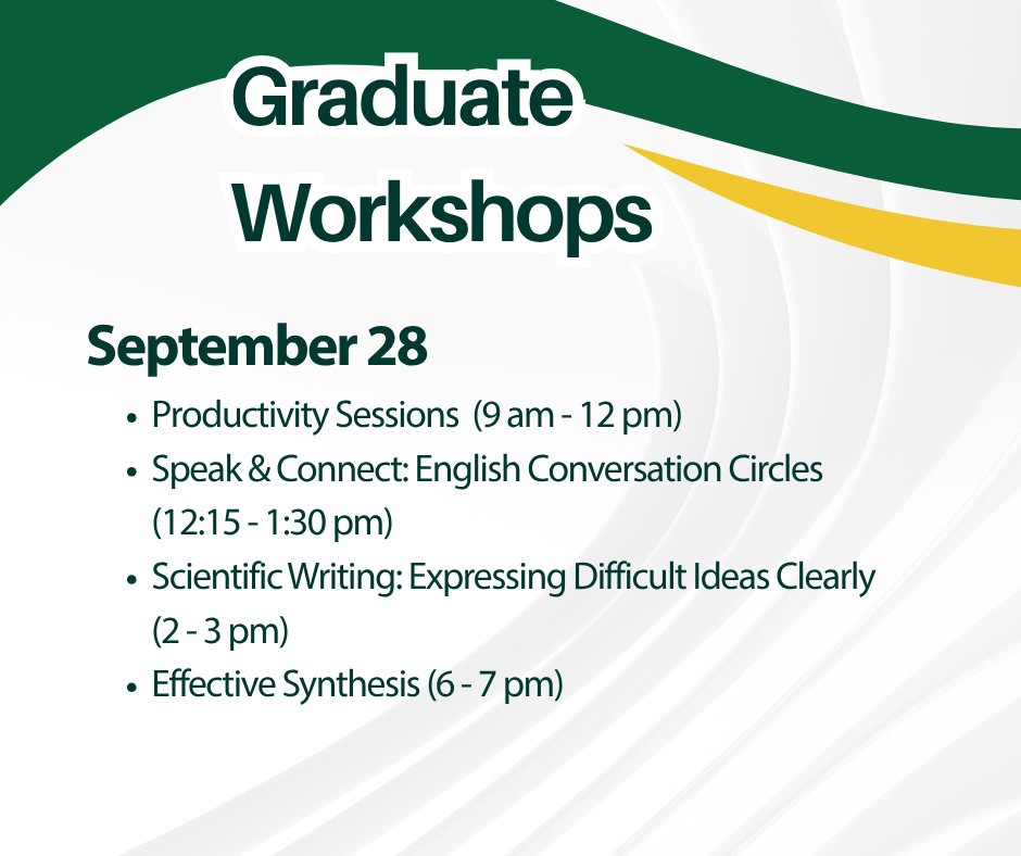 usasklibrary's tweet photo. Join us for our upcoming FREE graduate workshops on things like book and article reviews, scientific writing, AI in research, and more! #GraduateWorkshops https://t.co/YORTHATJ3p