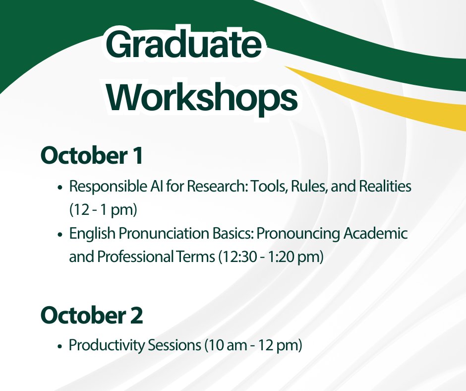 usasklibrary's tweet photo. Join us for our upcoming FREE graduate workshops on things like book and article reviews, scientific writing, AI in research, and more! #GraduateWorkshops https://t.co/YORTHATJ3p