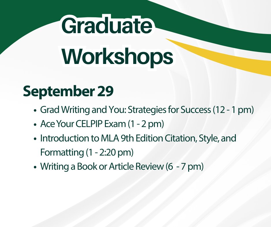 usasklibrary's tweet photo. Join us for our upcoming FREE graduate workshops on things like book and article reviews, scientific writing, AI in research, and more! #GraduateWorkshops https://t.co/YORTHATJ3p