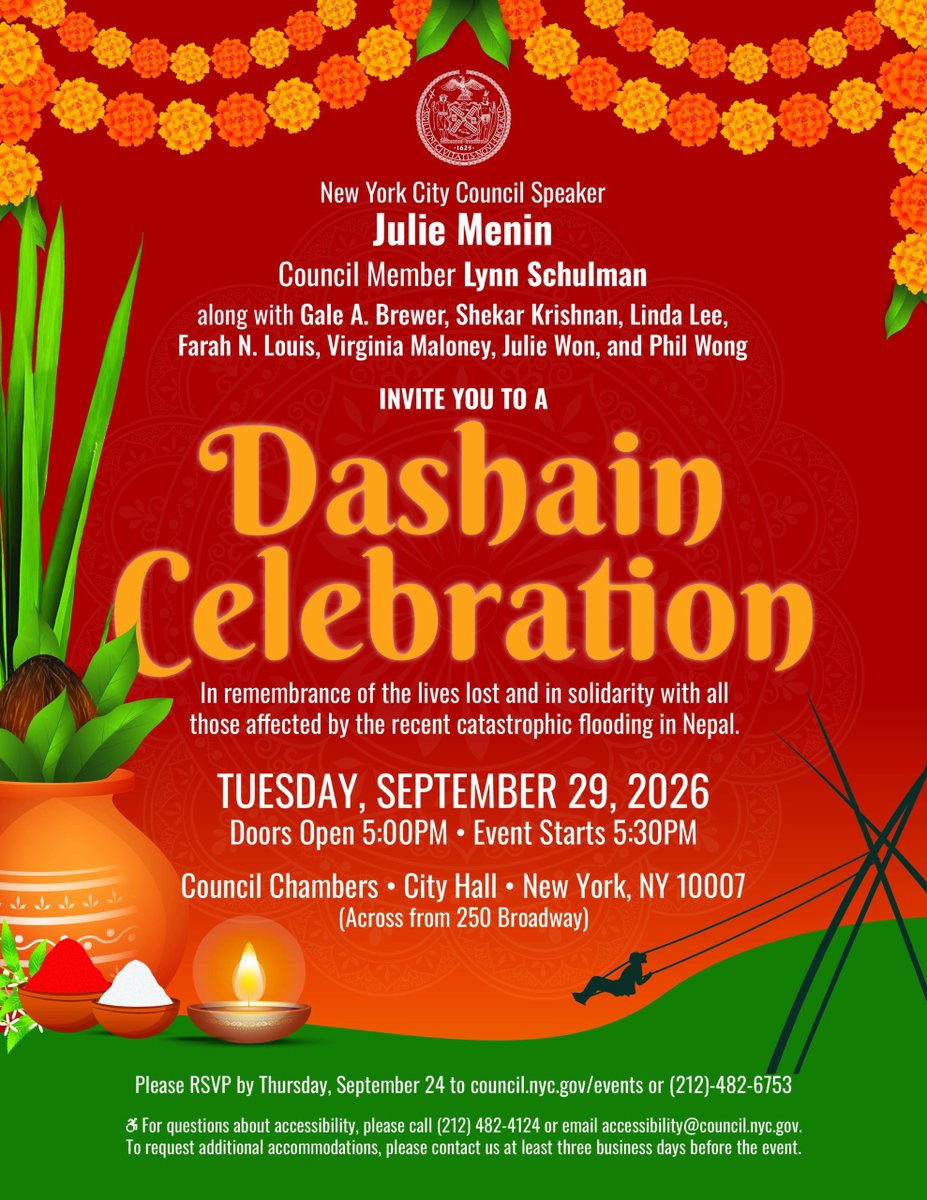 NYCCouncil's tweet photo. Dashain is coming, and the Council is ready! Join us for our 2026 Dashain Celebration honoring New York's Nepali and Bhutanese communities at City Hall on Tuesday!

RSVP: https://t.co/QKztOK0PSw https://t.co/i8tvCFGwye