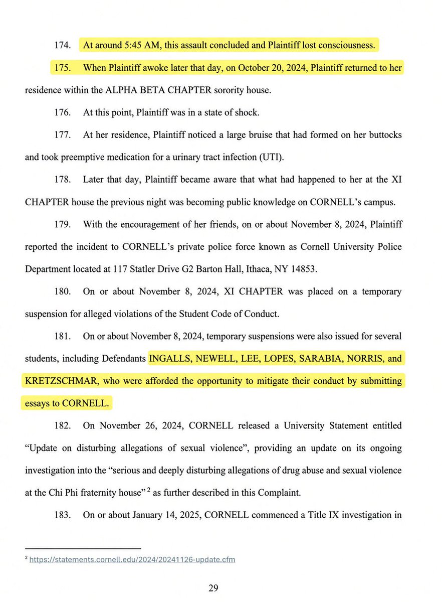 ginamilan_'s tweet photo. 🚨 HOLY SMOKES. THIS CORNELL LAWSUIT IS HORRIFYING. 🤯

A former 20-year-old Cornell student has filed a 101-PAGE LAWSUIT alleging that seven Chi Phi fraternity members drugged and gang-raped her during an hours-long assault at the fraternity house in October 2024.

According to the lawsuit, she was visibly intoxicated and had an “X” on both hands indicating she was underage when she attended a Tri-Delta event at Moonies Bar & Nightclub, yet she alleges employees continued serving her alcohol.

After leaving around 11 p.m., she went to the Chi Phi house to meet Matthew Ingalls. The lawsuit alleges Ingalls and Johnathan Newell pressured her to take what they told her was ketamine, along with marijuana and additional alcohol. She alleges the sexual assault began shortly afterward.

Then, at approximately 1:42 A.M., Newell allegedly sent a message to the “Chi Phi Actives” Snapchat group:

“FREE PY” upstairs.*

One person allegedly responded, “This is crazy work,” while another allegedly wrote, “Like you can walk in and whip it out.”

According to the complaint, additional fraternity members then entered the room. It further alleges Newell ordered her to snort ketamine off his erect p*nis and that seven men poured ketamine over her body and snorted it.

The alleged assault continued until approximately 5:45 A.M., and the lawsuit says she was completely incapacitated.

She reported the allegations to Cornell police on November 8, 2024, after which Cornell suspended the Chi Phi chapter and the seven accused students.

But the lawsuit raises another disturbing issue: according to her attorney, only TWO of the seven were expelled, while others received lesser sanctions including suspensions, workshops and the opportunity to submit ESSAYS to Cornell to mitigate their conduct.

NO CRIMINAL CHARGES WERE FILED. The Tompkins County District Attorney’s Office said there was insufficient evidence to support charges, while an attorney for one of the accused men has denied the allegations.

Cornell says its Office of Civil Rights and Office of Student Conduct investigated the allegations and that the Chi Phi Xi chapter remains barred from campus.