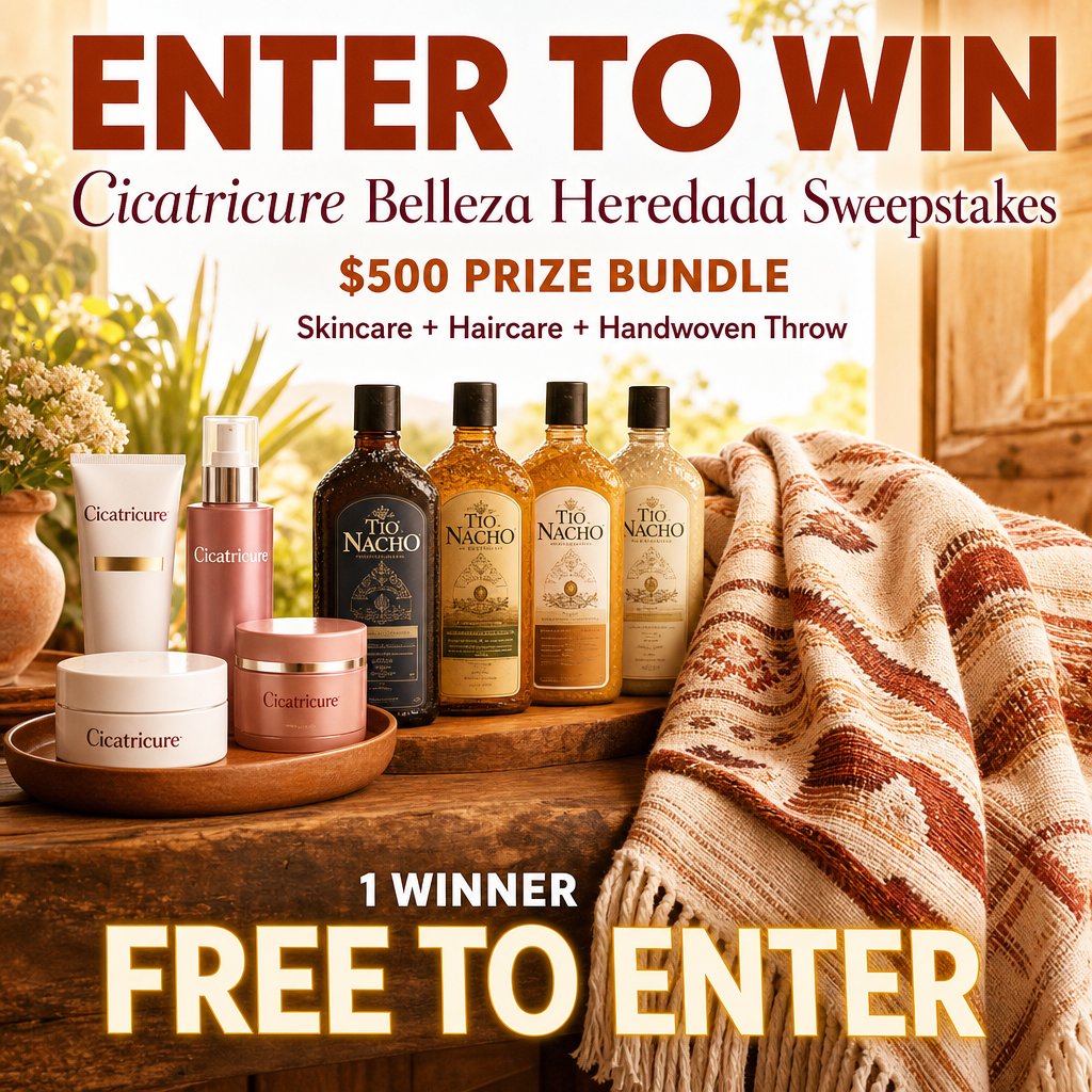 SweepsAdvantage's tweet photo. Beauty, care &amp; a little cozy! ✨ Cicatricure’s Belleza Heredada Sweepstakes awards 1 winner a $500 bundle of Cicatricure skincare, Tío Nacho haircare &amp; an El Rancho Supply handwoven throw! Comment 💛 if you love this bundle. Free to enter! Click to enter:
https://t.co/iqaoHtfgFs https://t.co/vsppswN46Y