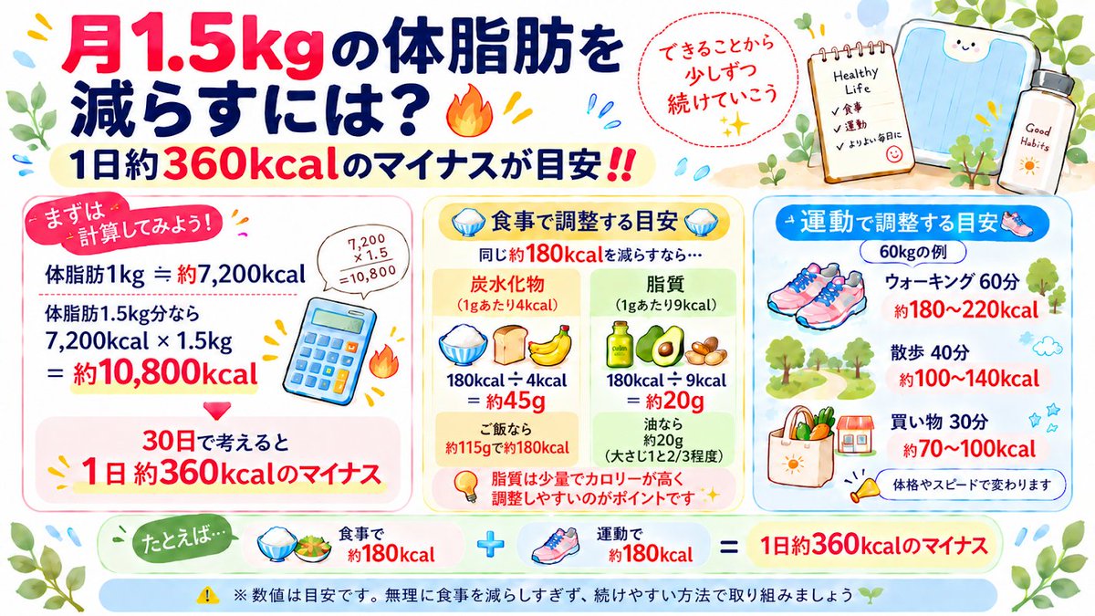 ouchi_training_'s tweet photo. 体脂肪を月に1.5kg減らすには？🔥
1日約360kcalのマイナスが目安‼️

体脂肪1kgを減らすために必要なエネルギーは、
およそ7,200kcalとされています。

▼体脂肪1.5kgなら
7,200kcal × 1.5kg
＝ 約10,800kcal

これを30日で考えると、
1日あたり約360kcalのマイナス‼️

食事だけを大きく減らすのではなく、
食事と運動の両方から少しずつ調整を✨

脂質は少量でもカロリーが高いため、
少し見直すだけでも調整しやすいですよ☺️