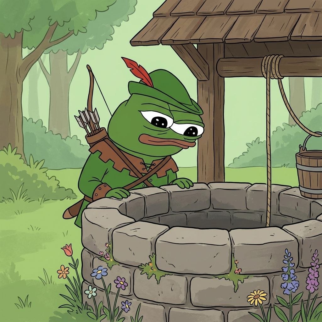 RobinPepeCoin's tweet photo. The well in the glade grants one wish. He has been deciding for a while. https://t.co/06ZpPxKbZU