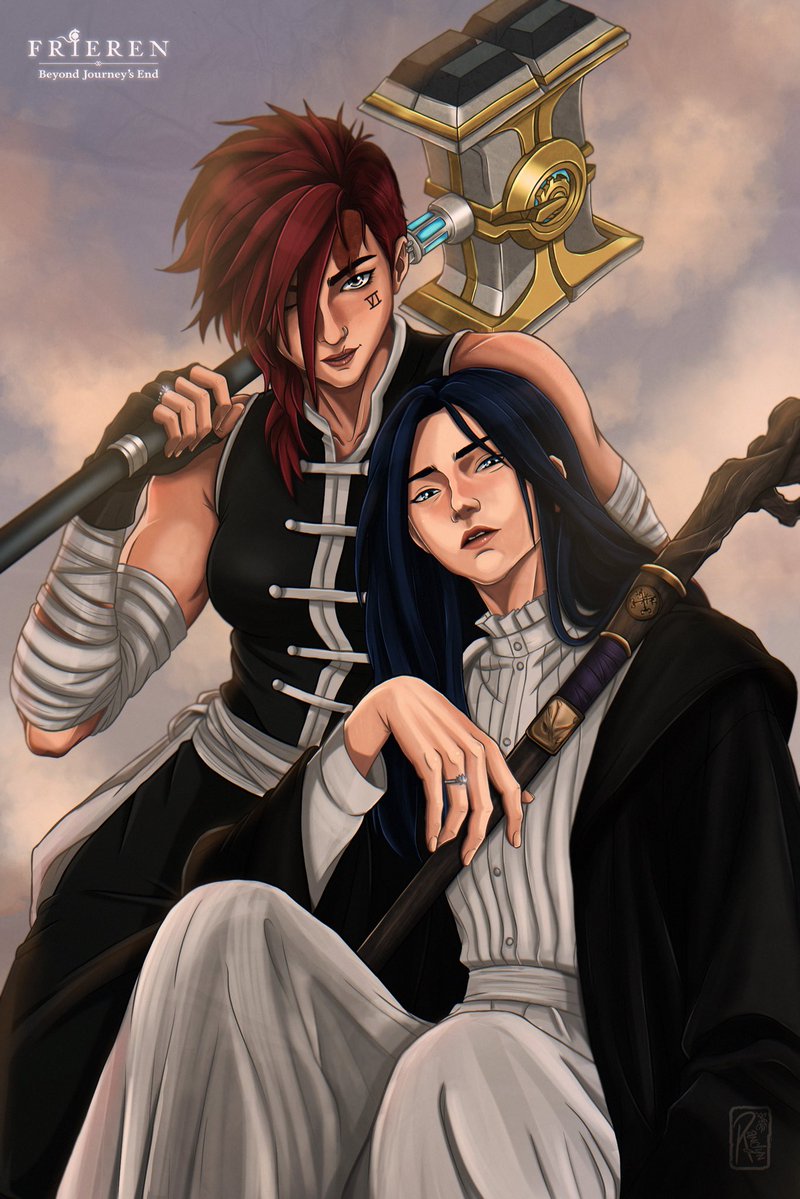 ranclyn_'s tweet photo. CaitVi in Anime Universes: 11/20
Frieren: Beyond Journey's End
—

I imagined Caitlyn and Vi taking on the roles of Fern and Stark. After years of traveling together and accompanying Jinx (?) on her own adventures, they have finally reached a quieter chapter in their lives.

Although they still travel from town to town and take on the occasional job, they're no longer in such a hurry to reach any particular destination. After all, what they enjoy most about the journey is sharing it with each other.

While Jinx continues to wander the world, revisiting places she once explored alongside Ekko and their old companions, Caitlyn and Vi have learned to appreciate life's simpler moments.

Even though the journey continues, they both know they've already found something they never want to lose ❤️💙

#CaitVi #Arcane #Frieren