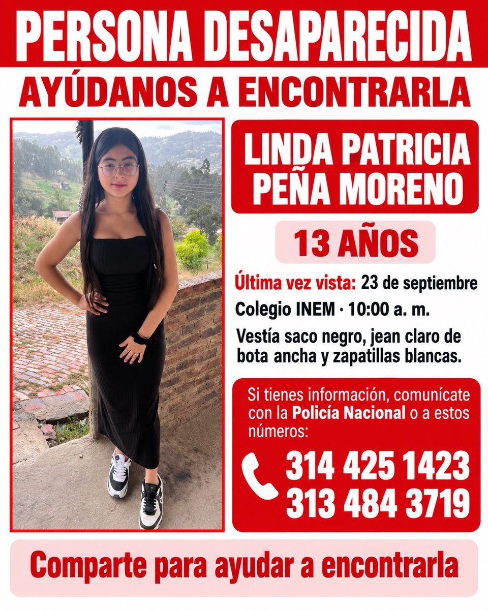 PS1COPOLITICO's tweet photo. 🚨 Niña desaparecida en Tunja, Colombia

No importa en qué lugar del mundo te encuentres: por favor, comparte esta información. Tu ayuda puede ser fundamental para encontrarla. https://t.co/8Yn4tH45A9