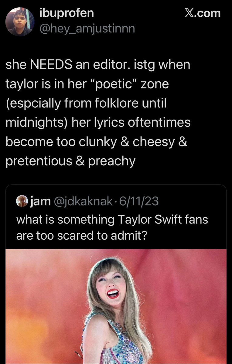 yourlovesupreme's tweet photo. “god showgirl sucksssss i wish she’d go back to her old music ://// you know it’s awful because EVERYONE is saying it’s awful lyrically and you just never saw this with her old music :///“

literally every other album: https://t.co/HljRngAaWW