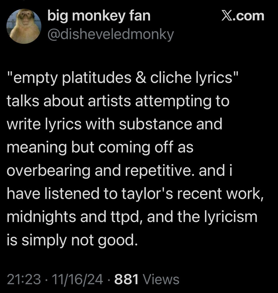 yourlovesupreme's tweet photo. “god showgirl sucksssss i wish she’d go back to her old music ://// you know it’s awful because EVERYONE is saying it’s awful lyrically and you just never saw this with her old music :///“

literally every other album: https://t.co/HljRngAaWW